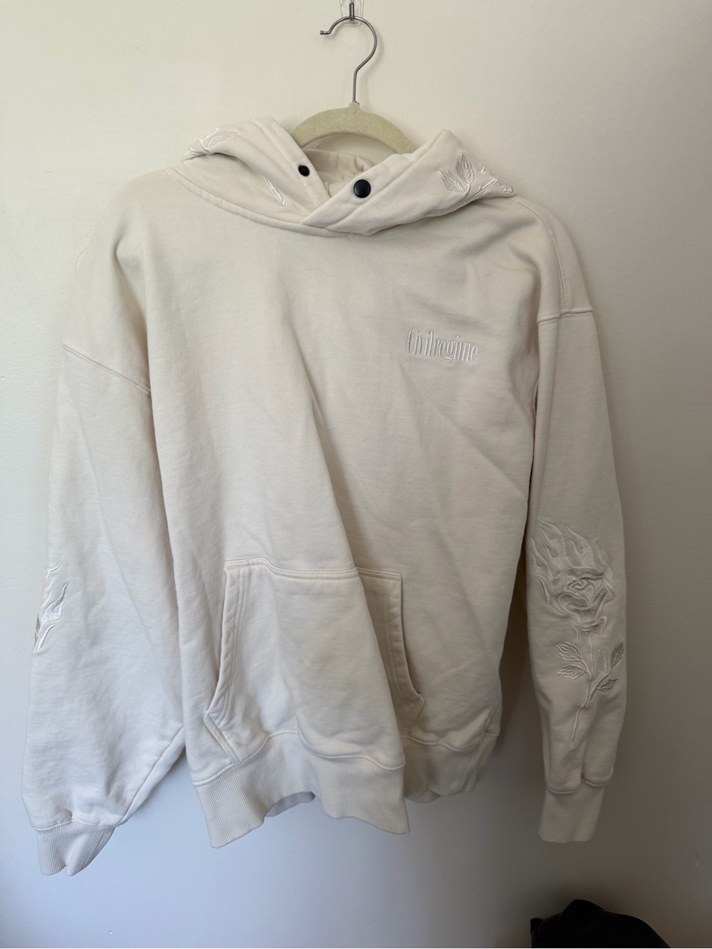 Cream Embroidered Pullover Hoodie with Floral Sleeve Detail Civil Regime